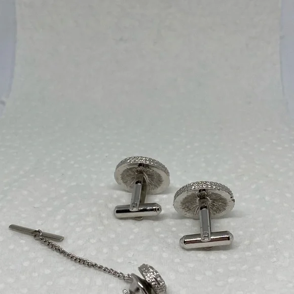 TEXTURED round cufflinks set silver toned classic - Picture 3 of 6